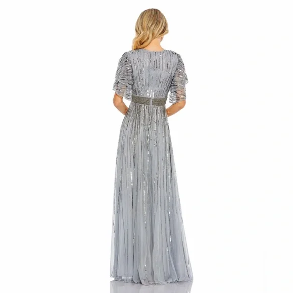 MAC DUGGAL 93582 EMBELLISHED FULL LENGTH LAYERED SLEEVE SLATE BLUE GOWN SIZE 14